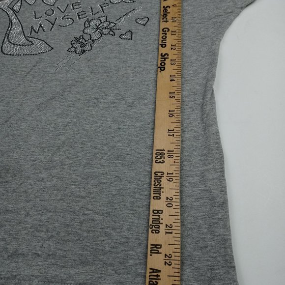 Women's "I Love Myself" Bling Rhinestone Short Sleeve Grey Dienider T-shirt - Picture 5 of 5